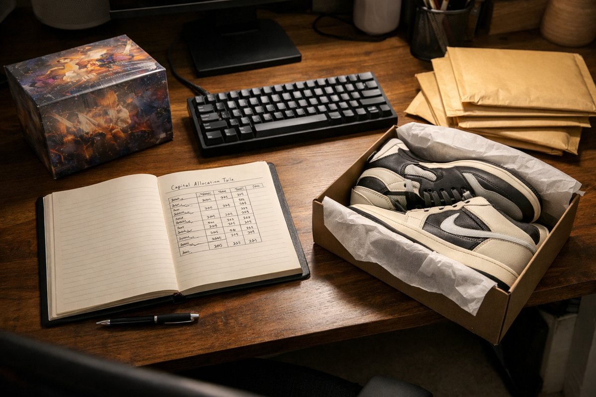 UK reseller's desk with sealed Pokemon box, boxed sneakers, and handwritten capital allocation notes for Q4 drop season