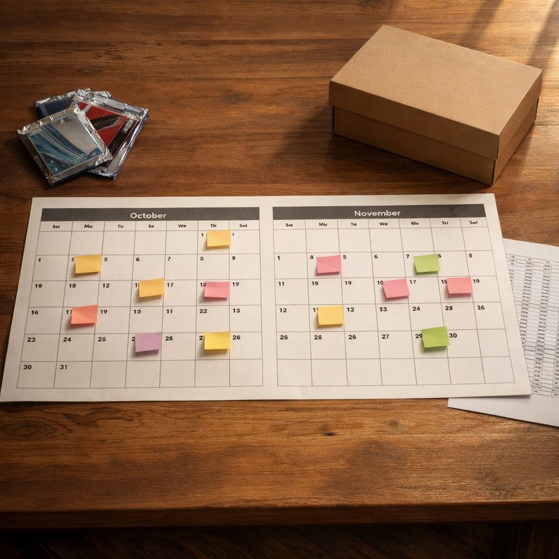 Overhead flat-lay of a Q4 drop calendar with sticky-note markers, sealed card packs, and a printed cashflow spreadsheet on a wooden desk