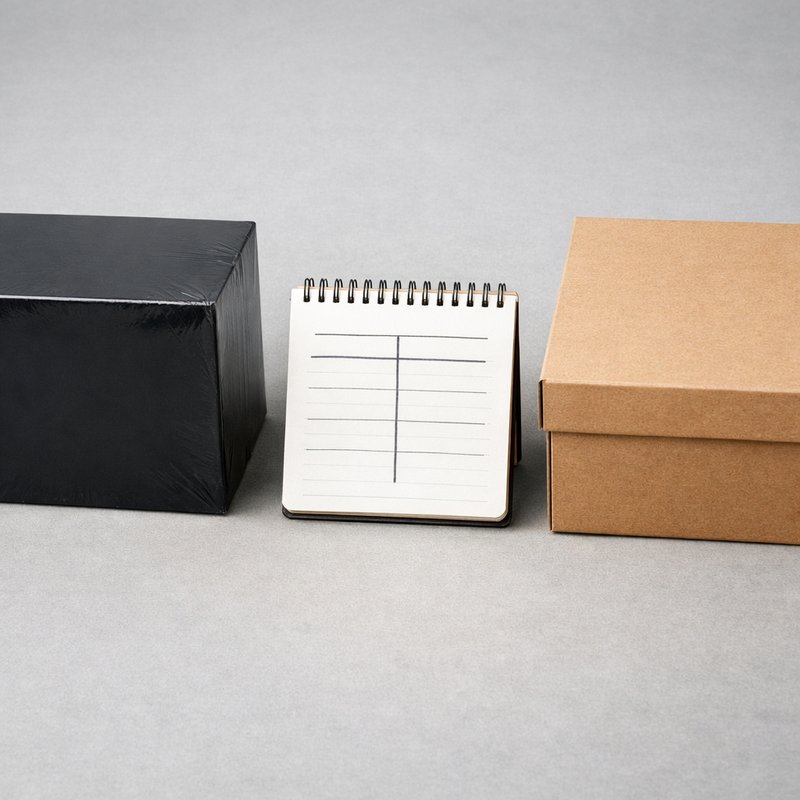 Two reselling positions compared side by side: a sealed card box and boxed sneakers next to a handwritten margin comparison table