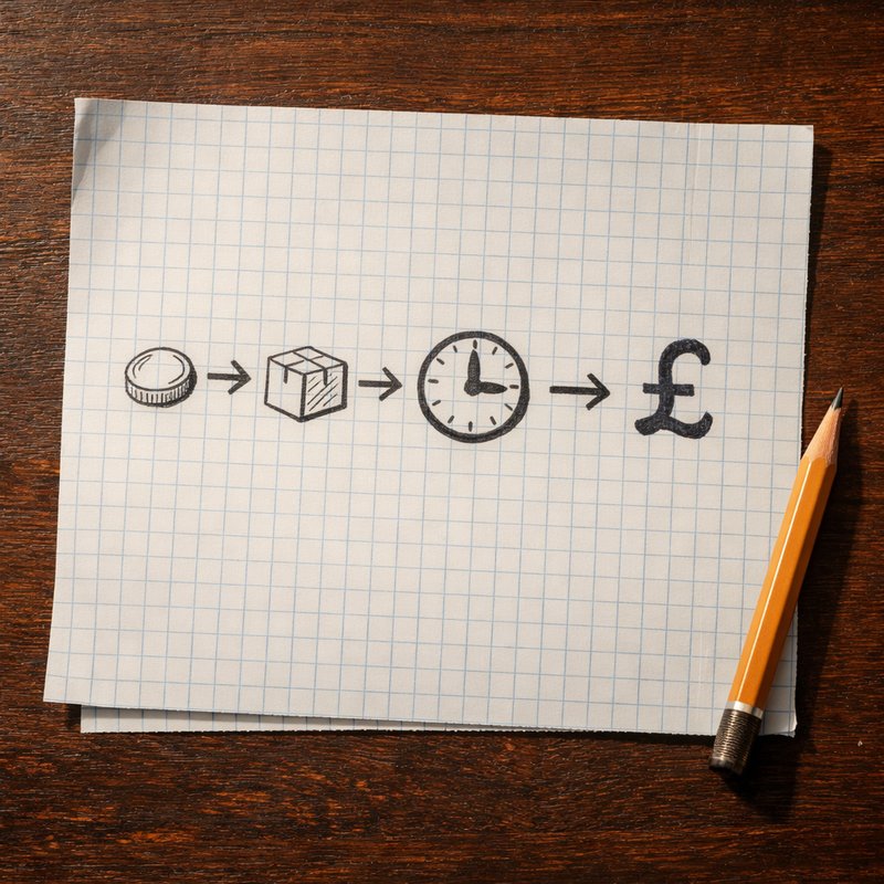 Hand-drawn cashflow timeline on squared paper showing the delay between paying for a reselling cop and receiving funds, with a pencil alongside