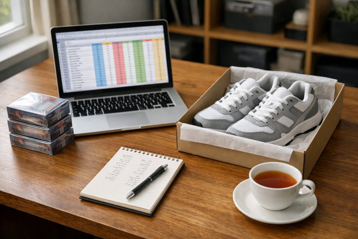 UK reseller tracking inventory and profit on a spreadsheet at a tidy home office desk with trading cards and sneakers nearby