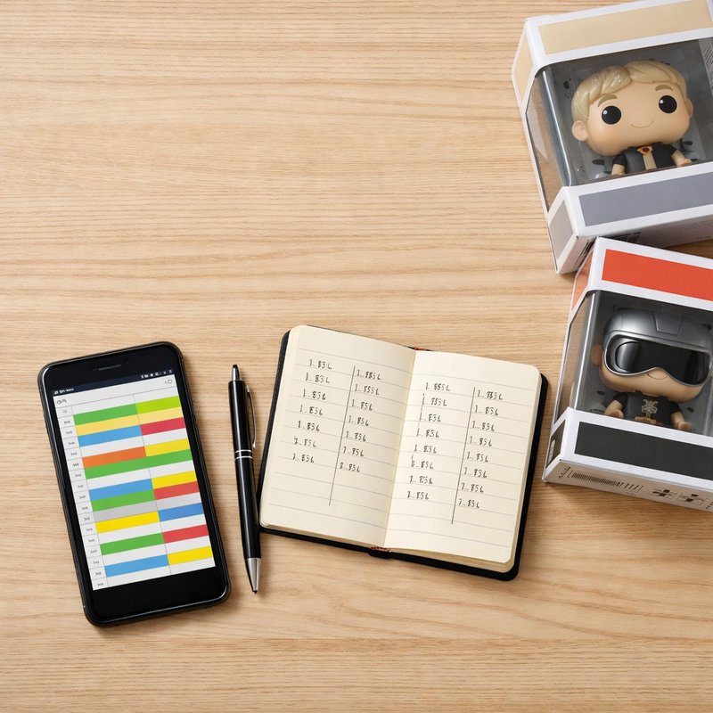 Overhead view of a smartphone spreadsheet, notebook and sealed collectible boxes representing a reselling inventory tracker setup