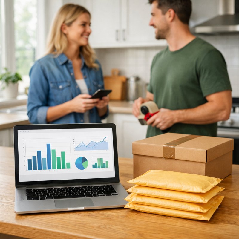 Laptop showing accounting dashboard charts beside parcels and a sneaker box, representing the transition from spreadsheet to MTD-compatible software for UK resellers