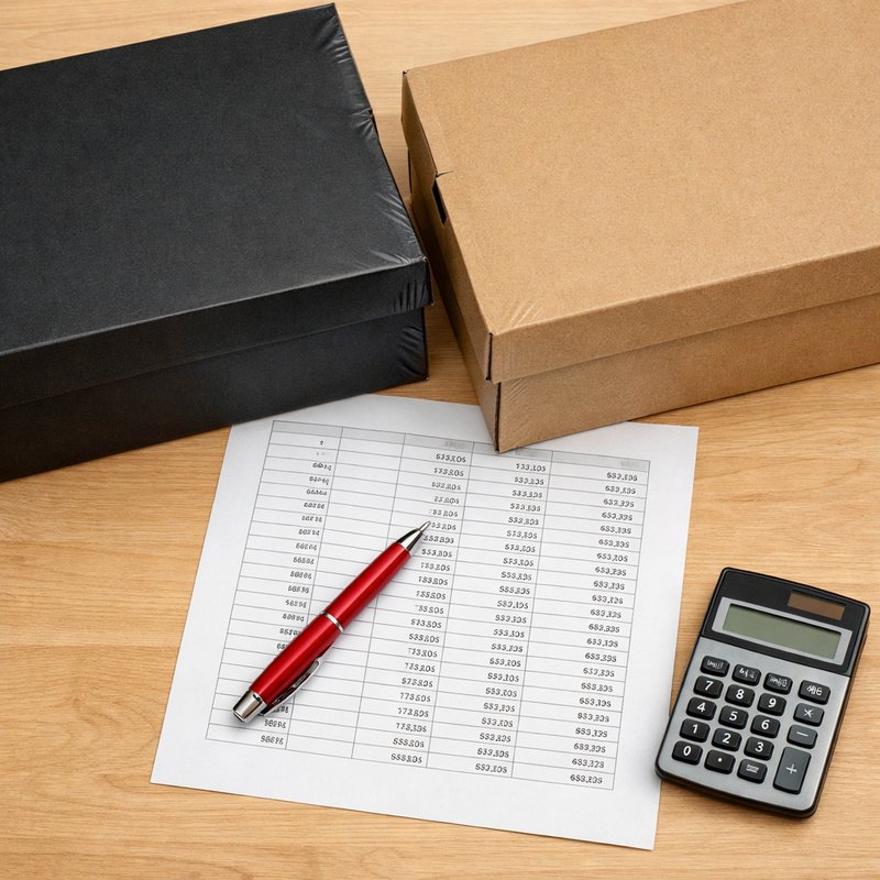 Two sneaker boxes next to a printed P&L ledger sheet and calculator, representing per-service ACO cost tracking for UK resellers