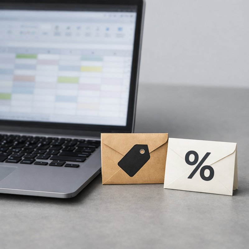 Laptop with blurred spreadsheet beside two props representing flat-fee and percentage-of-margin ACO fee models for UK resellers