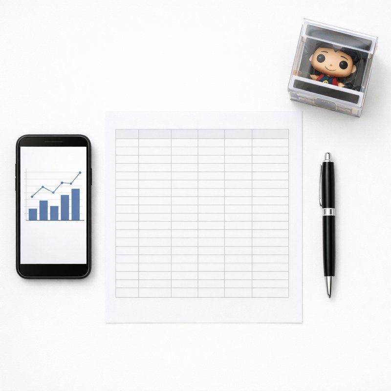 Flat lay of a smartphone with a blank chart, empty spreadsheet template, pen and sealed Funko Pop representing UK reseller tracking tools