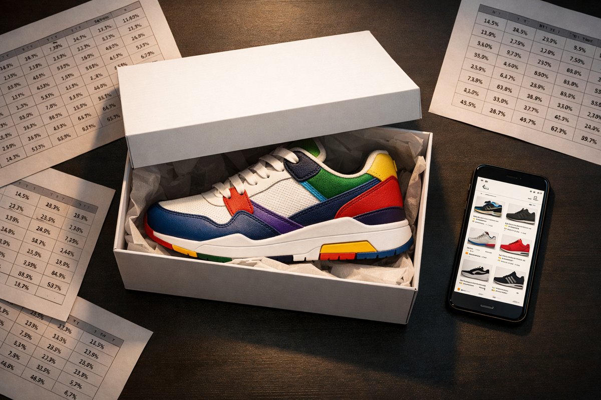 Limited edition sneaker box with sell-through rate spreadsheet and eBay completed listings on a reseller's desk