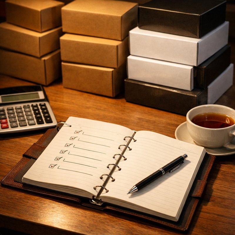 Reseller's desk with checklist notebook, calculator and sealed product boxes representing a structured drop-entry framework