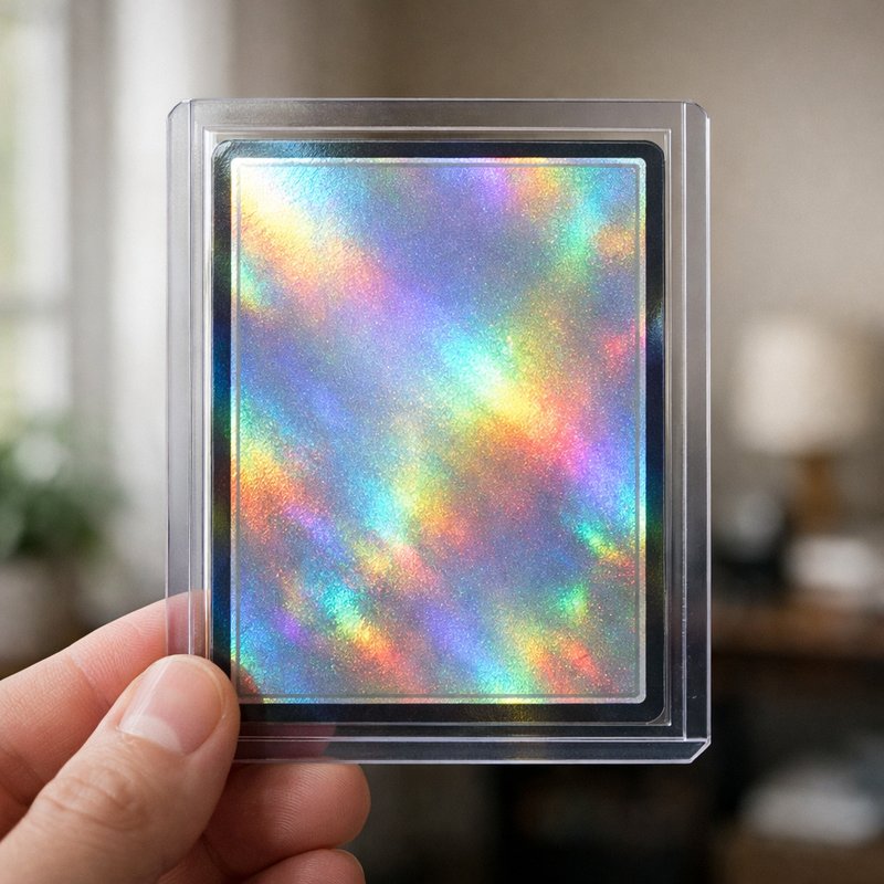 A holographic trading card in a protective sleeve held up to natural light, illustrating the UK One Piece TCG secondary market for singles in 2026.