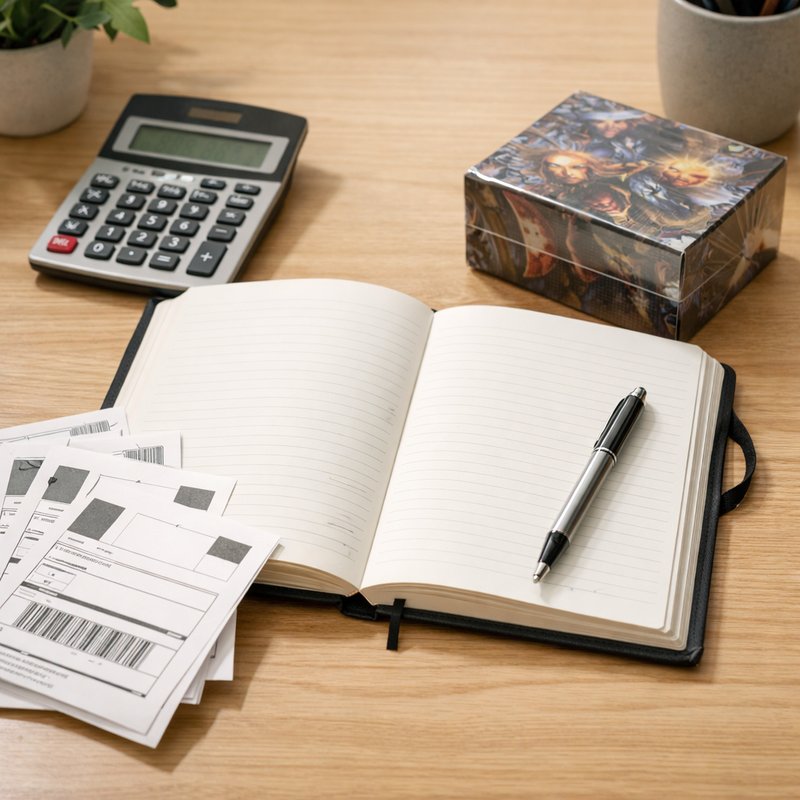 A reseller's desk with a notebook, calculator and shipping labels beside a sealed card box, representing UK business seller margin calculations.