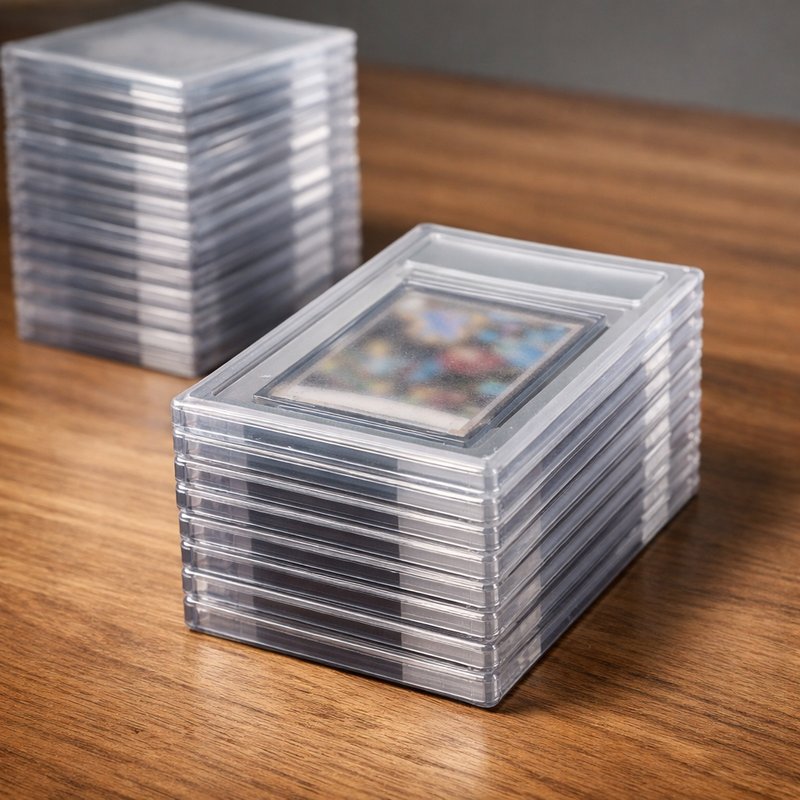 Graded trading card slabs stacked on a wooden surface, illustrating the PSA grading decision for UK One Piece TCG resellers in 2026.