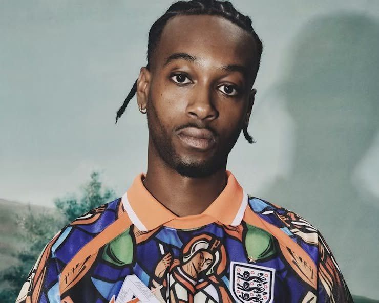 Model wearing the Palace x Nike England stained-glass Dri-FIT football jersey