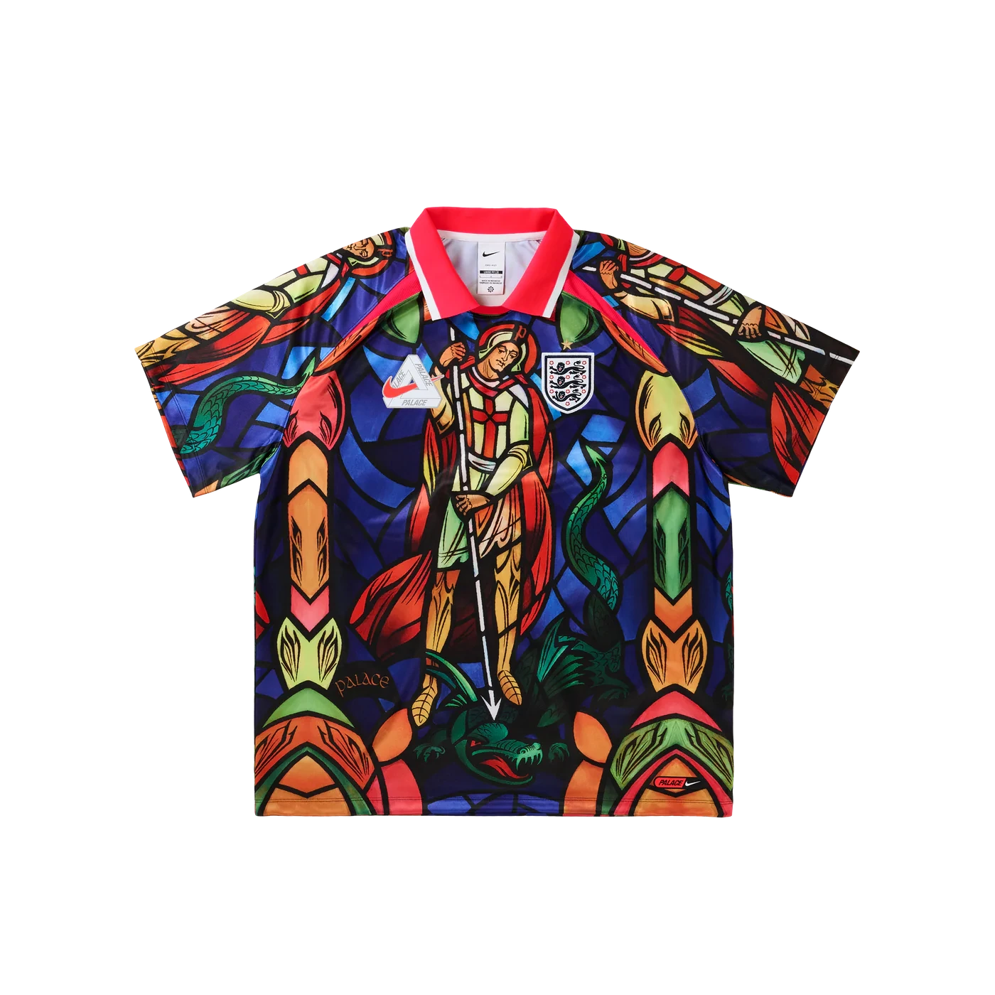 Palace x Nike England Dri-FIT Bright Crimson football jersey with stained-glass St George artwork