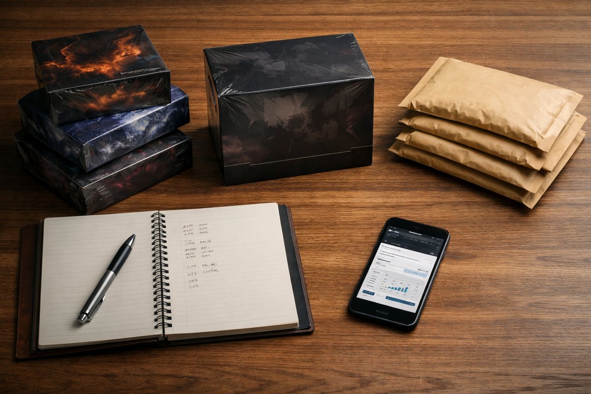 Sealed trading card game boxes arranged with shipping envelopes and a margin calculation notebook on a wooden desk, representing TCG reselling preparation in the UK