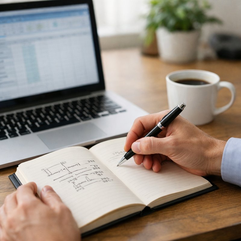 Reseller calculating eBay.co.uk fees and net margins in a notebook next to a laptop spreadsheet