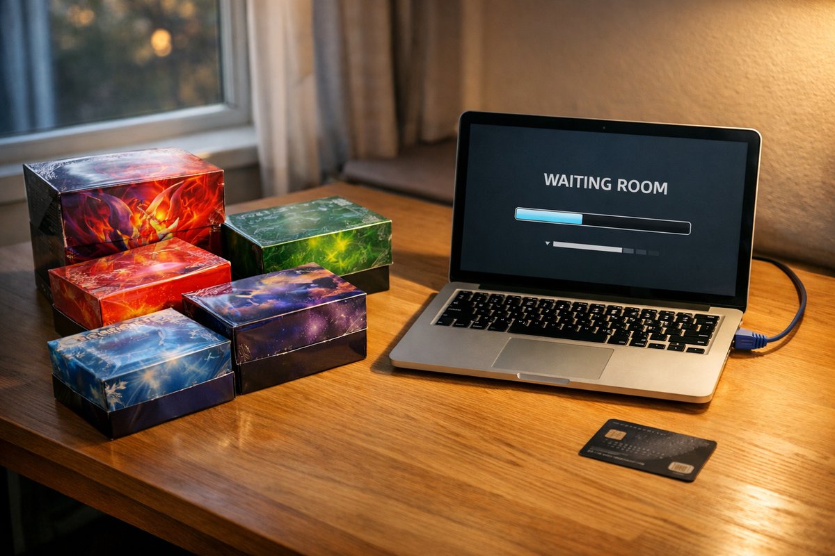 Sealed Pokemon TCG Elite Trainer Box and booster boxes on a desk beside a laptop showing a virtual queue waiting room, photographed in UK evening light