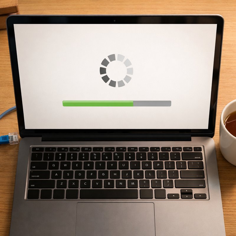 Laptop on a tidy desk showing a virtual queue waiting room progress bar, with an ethernet cable and tea mug nearby