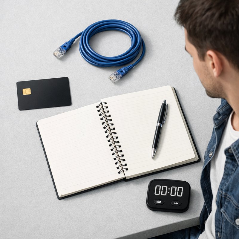 Standard bank debit card, ethernet cable and notebook on a grey desk representing UK buyer preparation checklist before a Pokemon Center drop