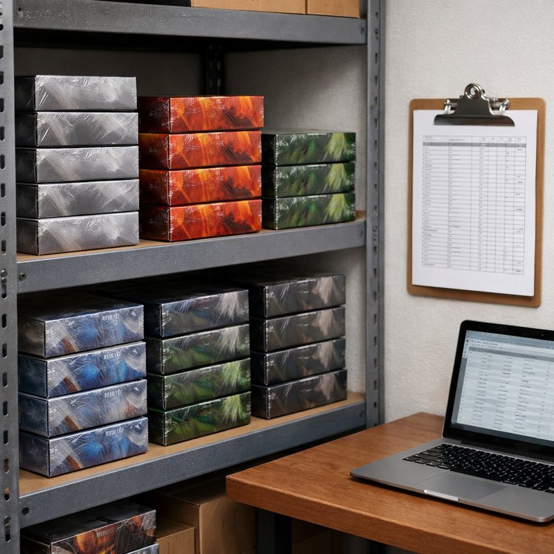 Neatly stacked sealed trading card game boxes on a stockroom shelf with an inventory clipboard and laptop, depicting a UK reseller managing stock after a drop