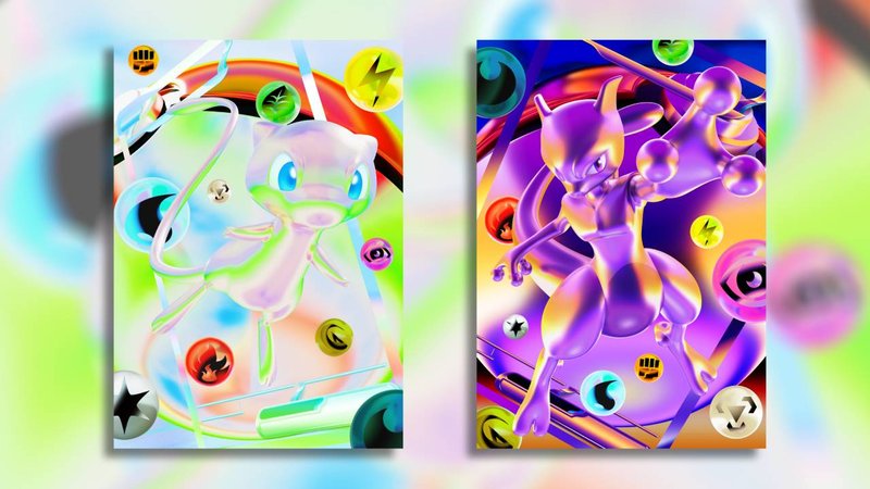 Holographic foil trading card game cards fanned on a dark surface, illustrating the premium card quality of an anniversary TCG set.