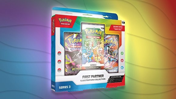 Three sealed Pokemon TCG collector product boxes arranged side by side on a white surface, representing the First Partner Illustration Collection three-series run