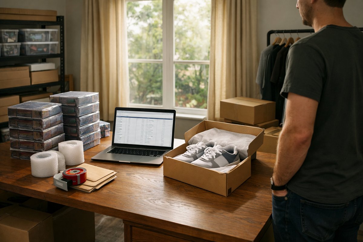 UK reseller's organised workspace with sealed trading card boxes, sneakers and a cashflow spreadsheet open on a laptop