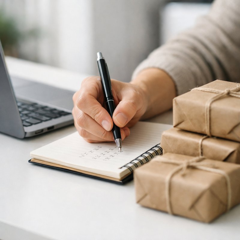 Reseller calculating eBay platform fees and margins in a notebook next to parcels ready to ship