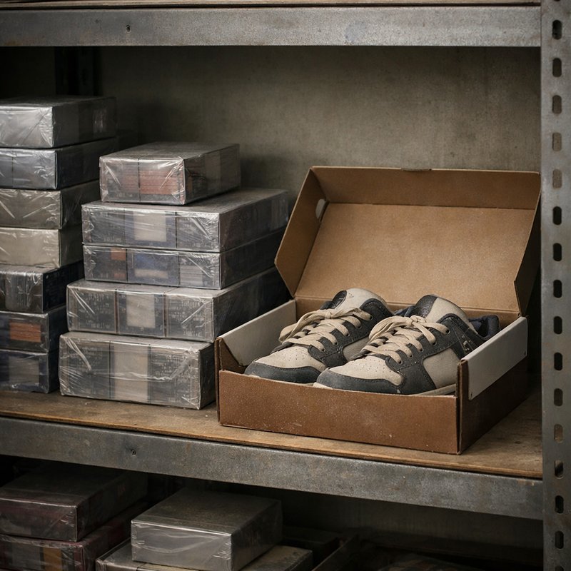 Unsold reselling inventory on a shelf including sealed card boxes and a sneaker, representing dead stock tying up cashflow
