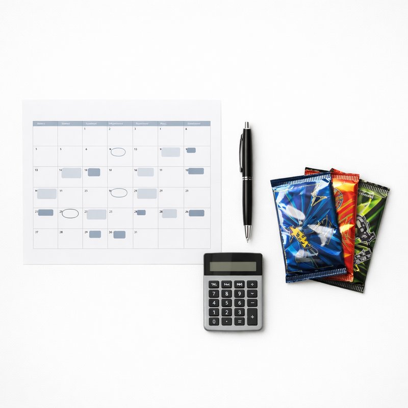 Reseller's tax planning flat-lay with a calendar, calculator and sealed Pokemon booster packs representing UK Self Assessment timing