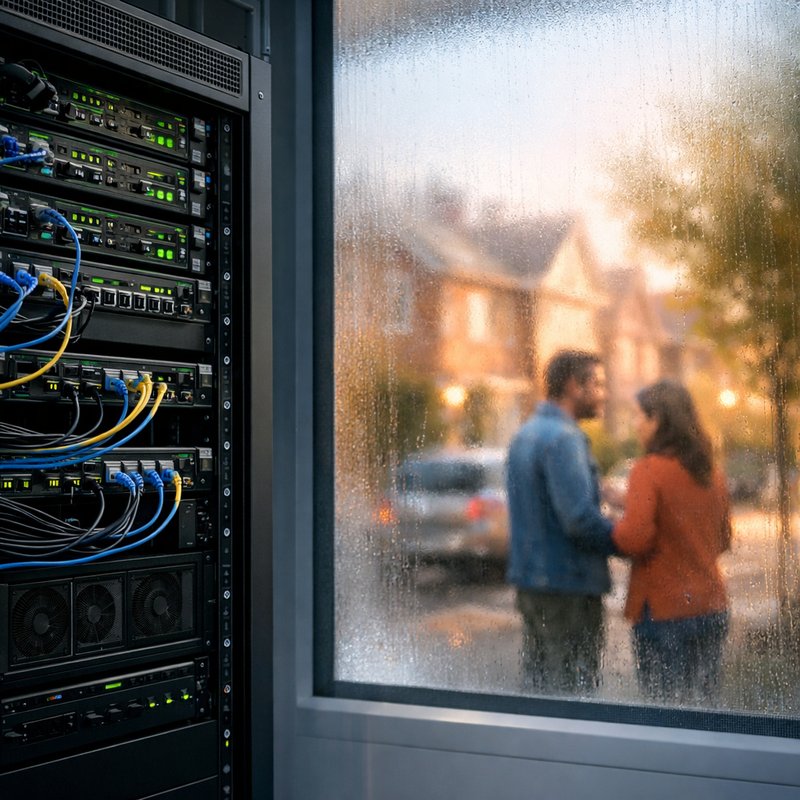 Datacentre server rack contrasted with a residential street visible through a window, illustrating the difference between datacentre and residential proxy origins