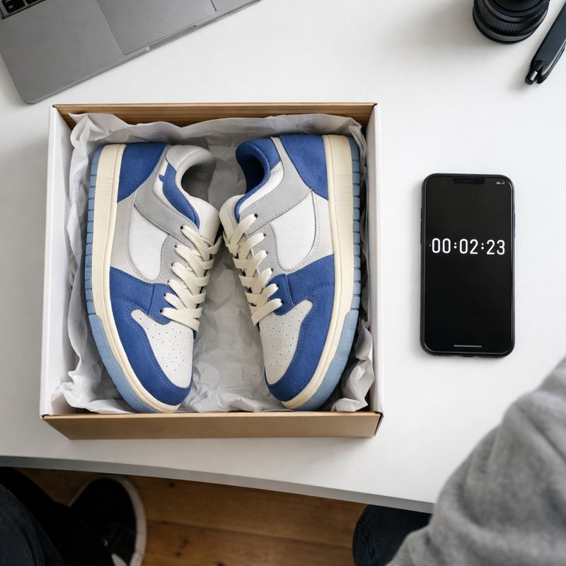 Boxed limited-edition sneakers next to a phone with a drop countdown timer, representing the high-stakes UK sneaker drop environment in 2026