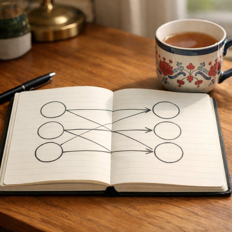 Hand-drawn infrastructure diagram in a notebook mapping accounts to proxy IPs one-to-one, illustrating responsible proxy allocation planning for UK resellers
