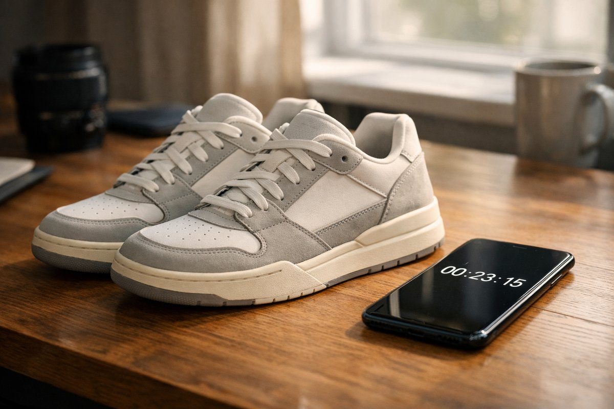 Limited edition sneakers on a desk beside a smartphone countdown, representing UK SNKRS drop preparation at 8 AM GMT