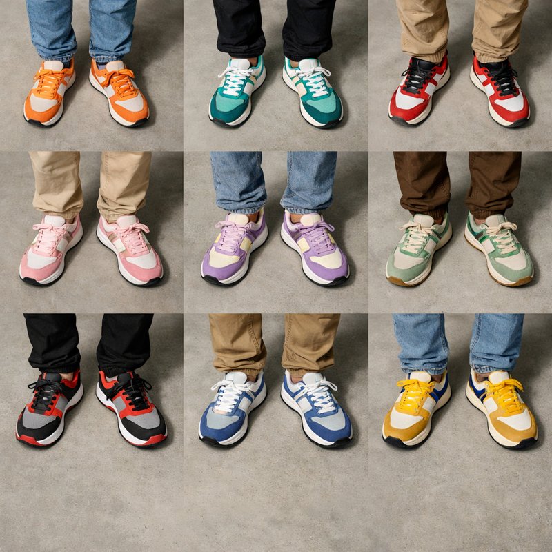 Flat-lay of varied limited-edition sneakers representing different SNKRS drop formats available to UK buyers in 2026