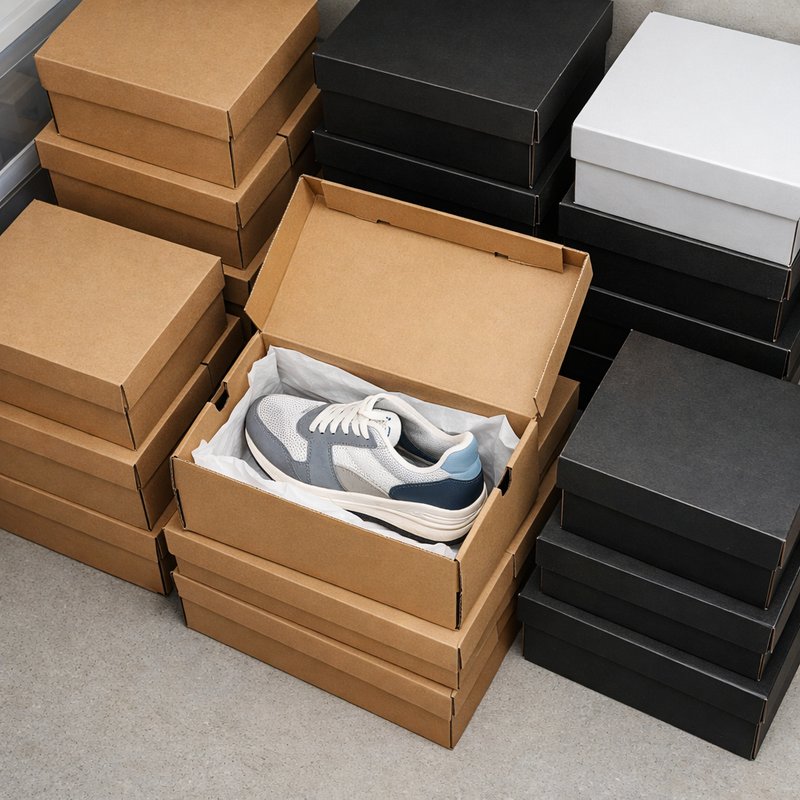Stacked sneaker boxes in a storage space representing realistic inventory management for a UK sneaker reseller