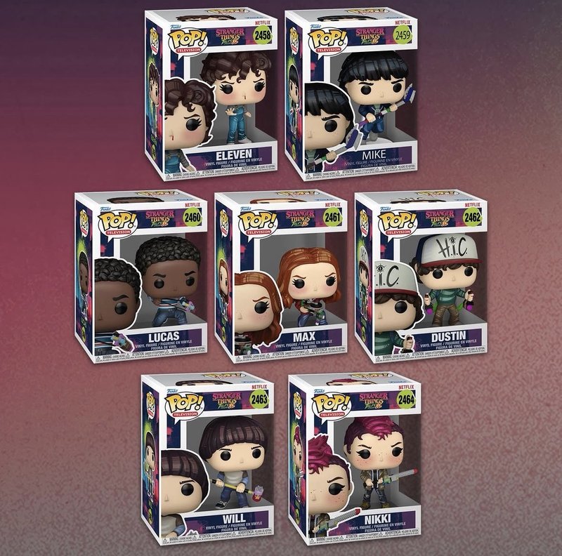 A row of eight sealed Funko Pop vinyl collector figures on a retail shelf, representing the full Tales from '85 wave available to UK buyers.