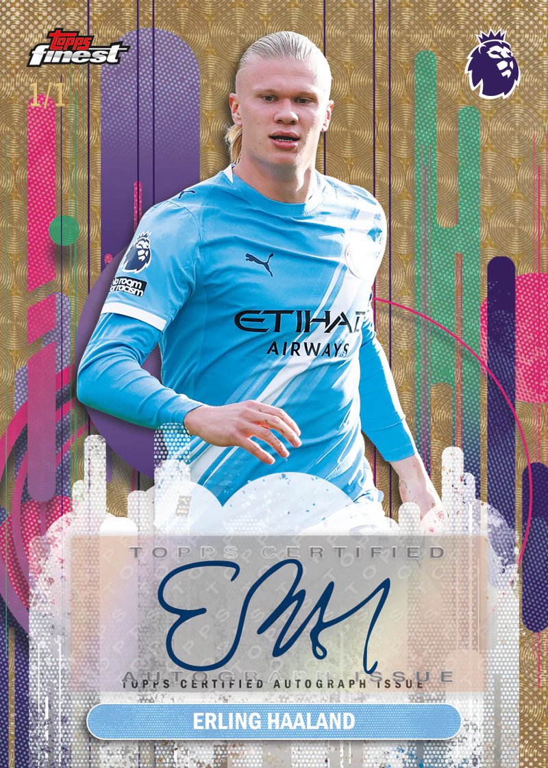 A shiny refractor trading card held up to catch light, showing the holographic shimmer typical of premium football card sets