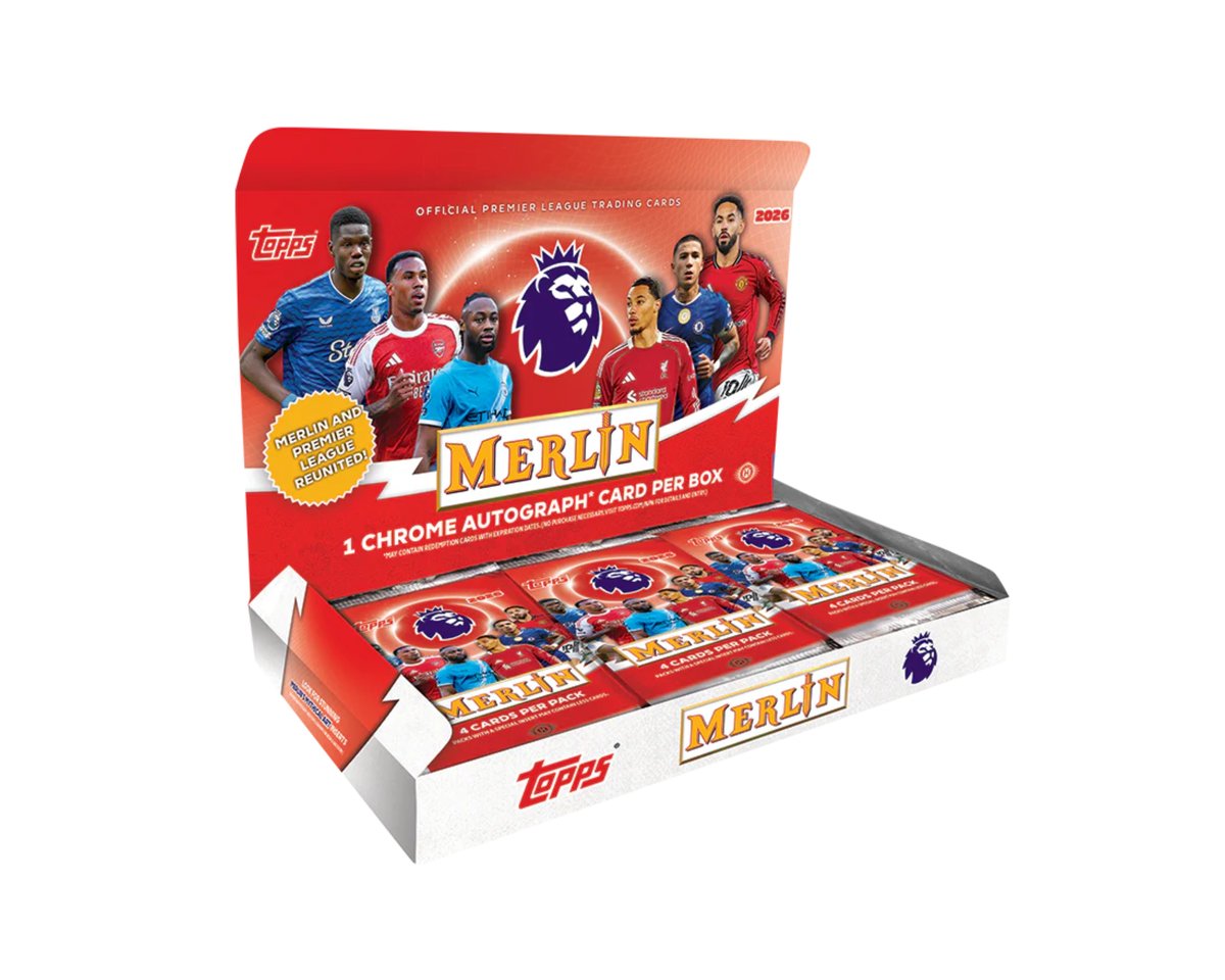 Sealed football trading card hobby box with foil Refractor cards on a wooden desk, representing the Topps Merlin Premier League 2026 UK resell opportunity