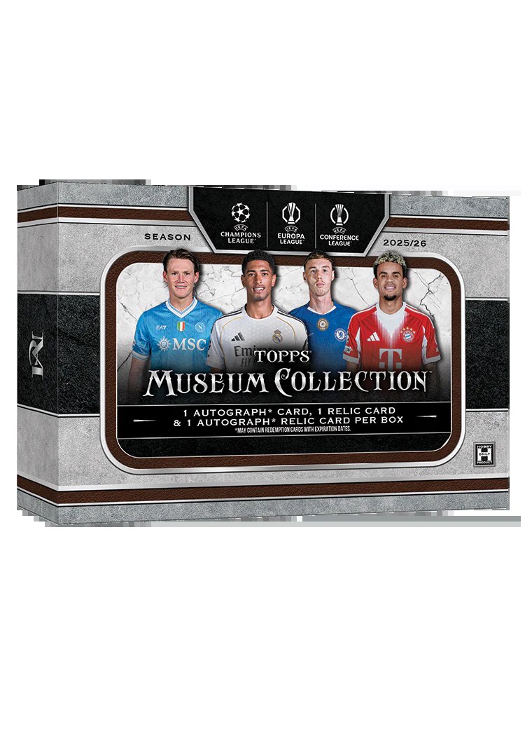Premium football trading card hobby boxes with foil autograph cards fanned out on a dark surface, representing the UK resell market for the Topps Museum UEFA Club Competitions 2025/26 Hobby Box