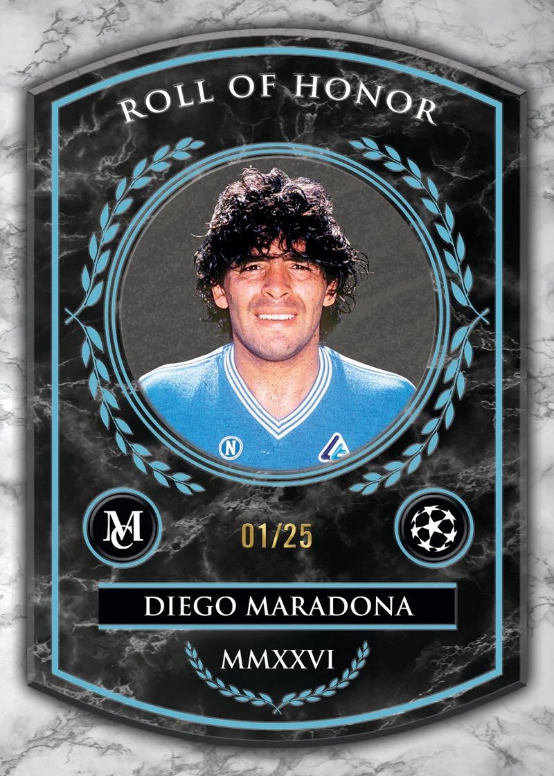 A numbered autograph trading card with foil border and signature window held between two fingers, representing a high-value pull from a premium football card set