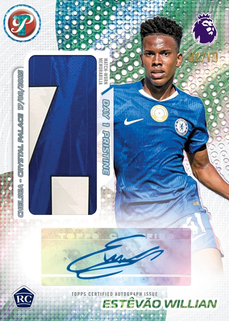 Chrome-finish trading cards with reflective metallic surface, illustrating the premium chrome stock used in Pristine-format football card releases