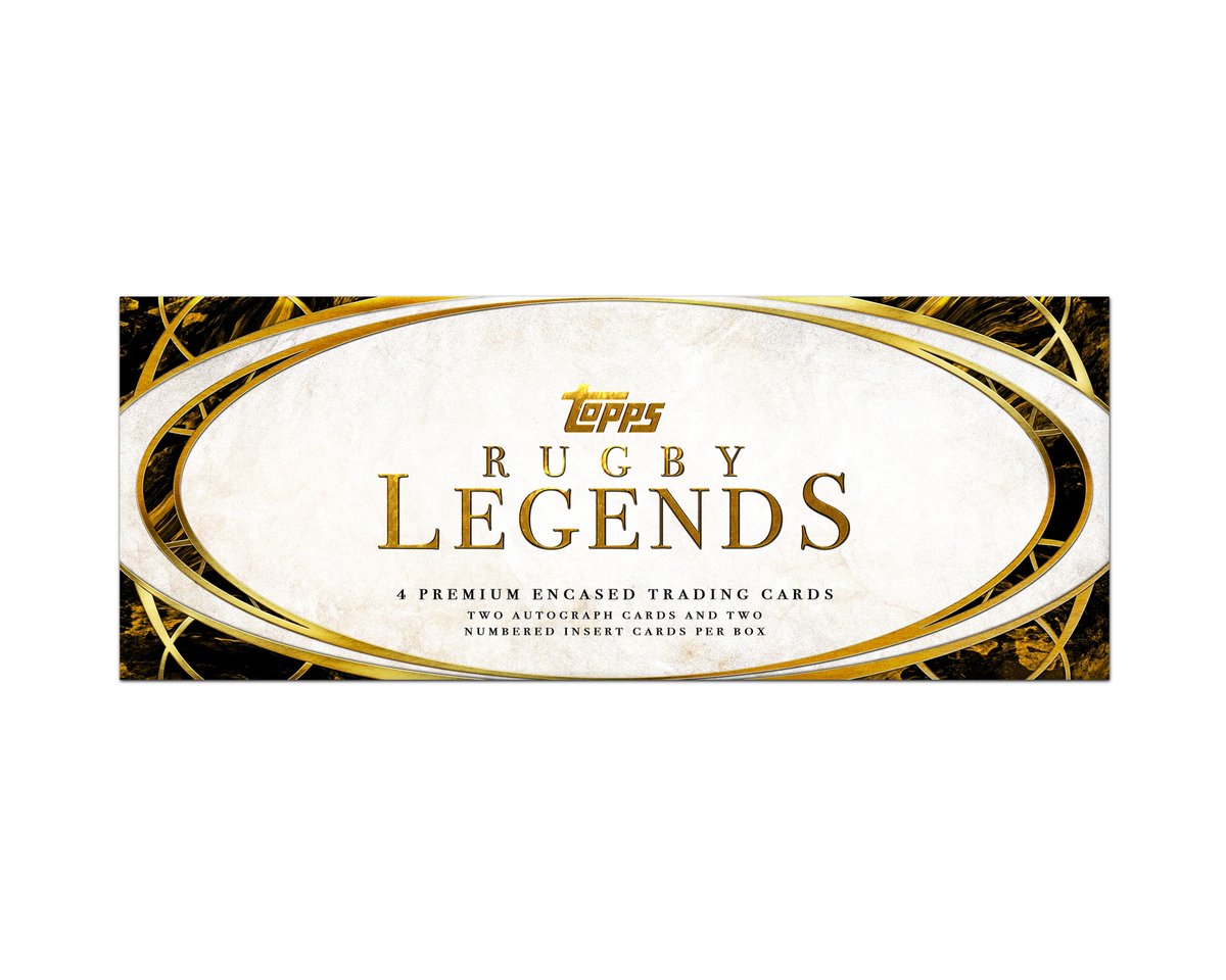 Four premium encased Topps rugby trading cards fanned out on dark felt, showing holographic foil parallels