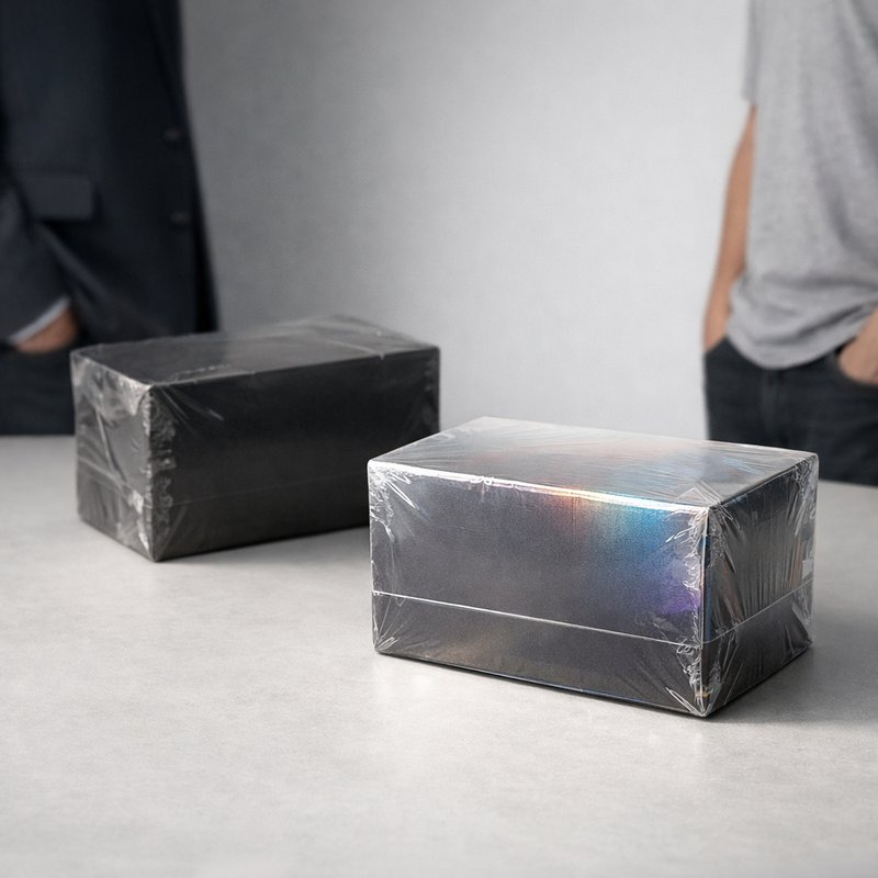 Two sealed trading card hobby boxes side by side on a grey surface, one in shadow representing legacy stock and one in clear light representing a new licensed product.