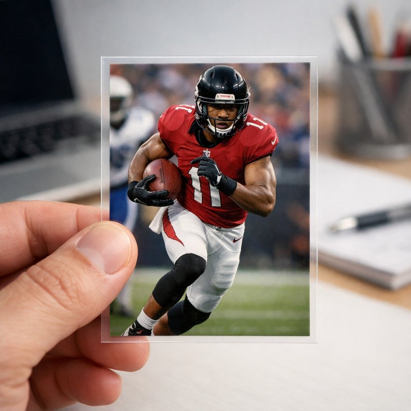 A football trading card held up against a clean background, representing individual card valuation on the UK secondary market.