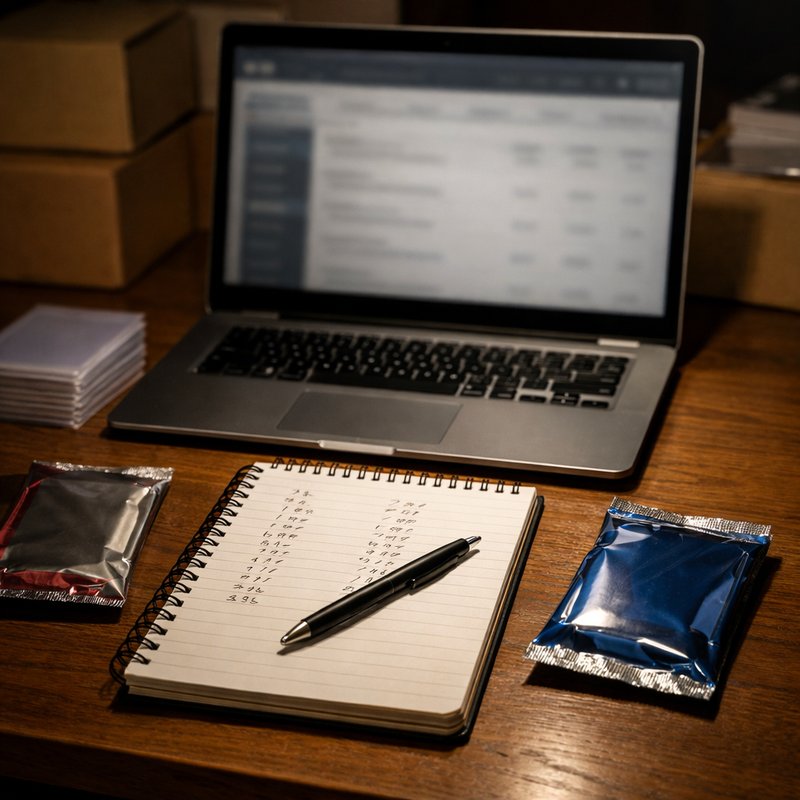 An organised UK reseller's desk with a laptop, notepad with margin calculations and protective card sleeves, representing the business-minded approach to football card reselling.