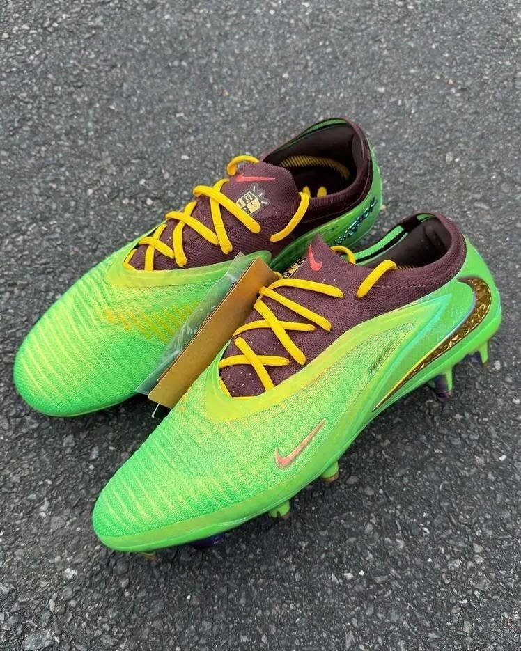 Two limited-edition football boot variants side by side showing the contrast between a studded sole and a flat gum lifestyle sole