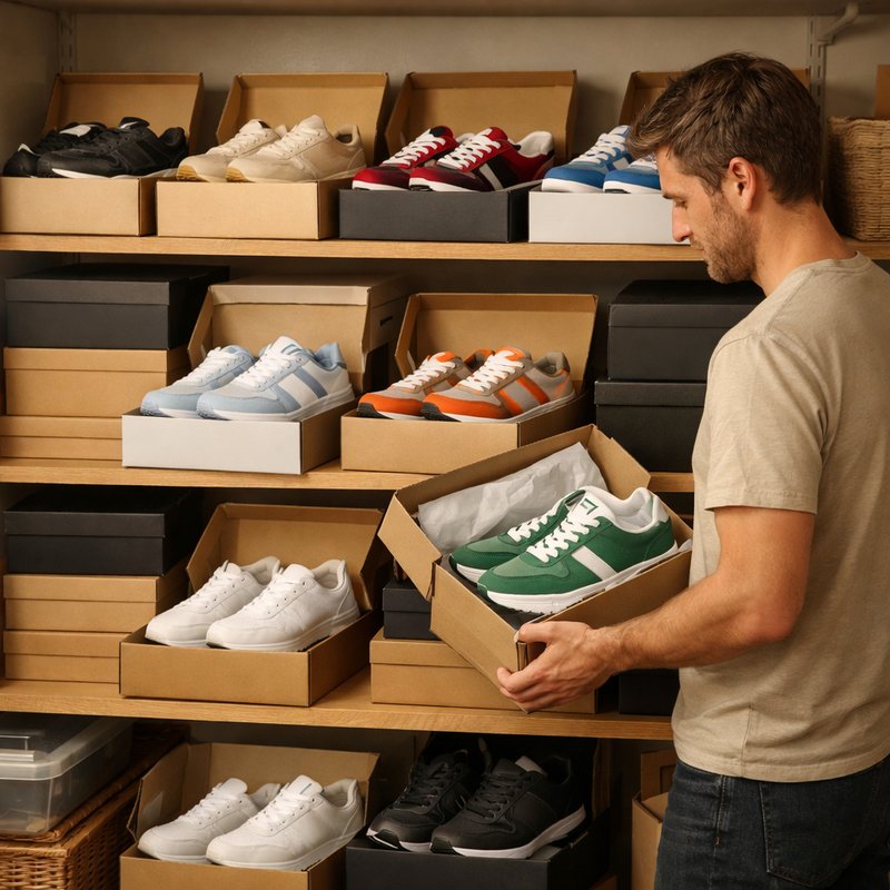 Organised shelf of boxed trainers in a home stockroom showing varied stock ready for resale routing decisions
