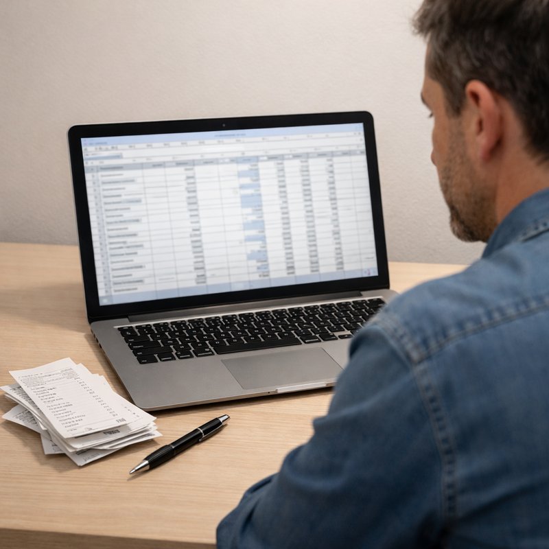 Open laptop with a spreadsheet and printed receipts on a desk, representing reselling record-keeping and DAC7 tax compliance in the UK