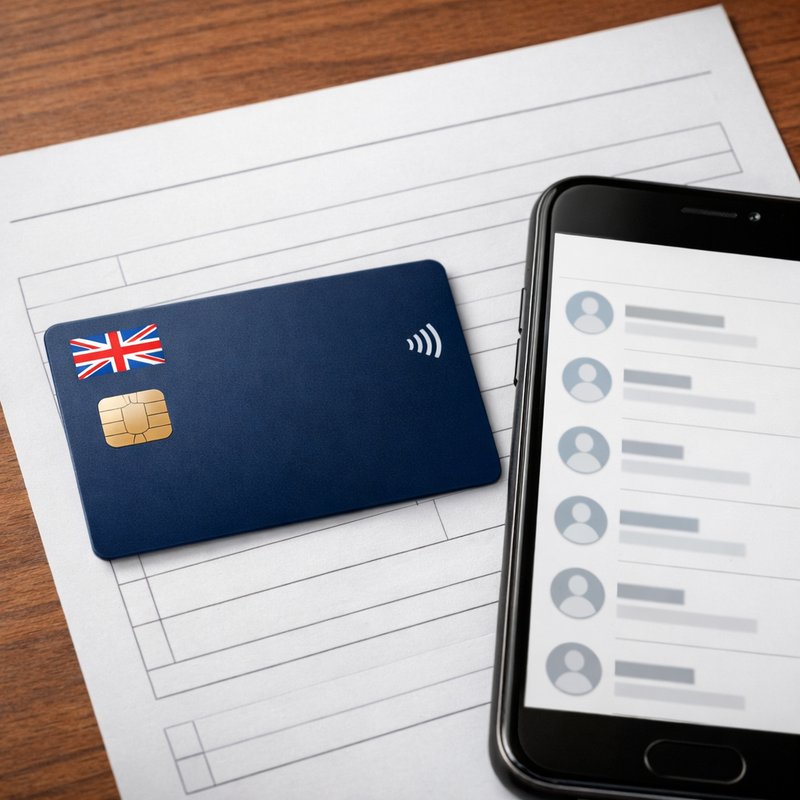 Generic UK bank card placed next to an address form, representing the billing address and card matching required for ACO profile preparation