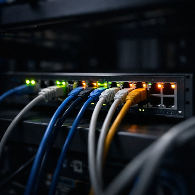 Network switch with ethernet cables representing the proxy infrastructure required for ISP and residential proxy setups used in UK drop automation